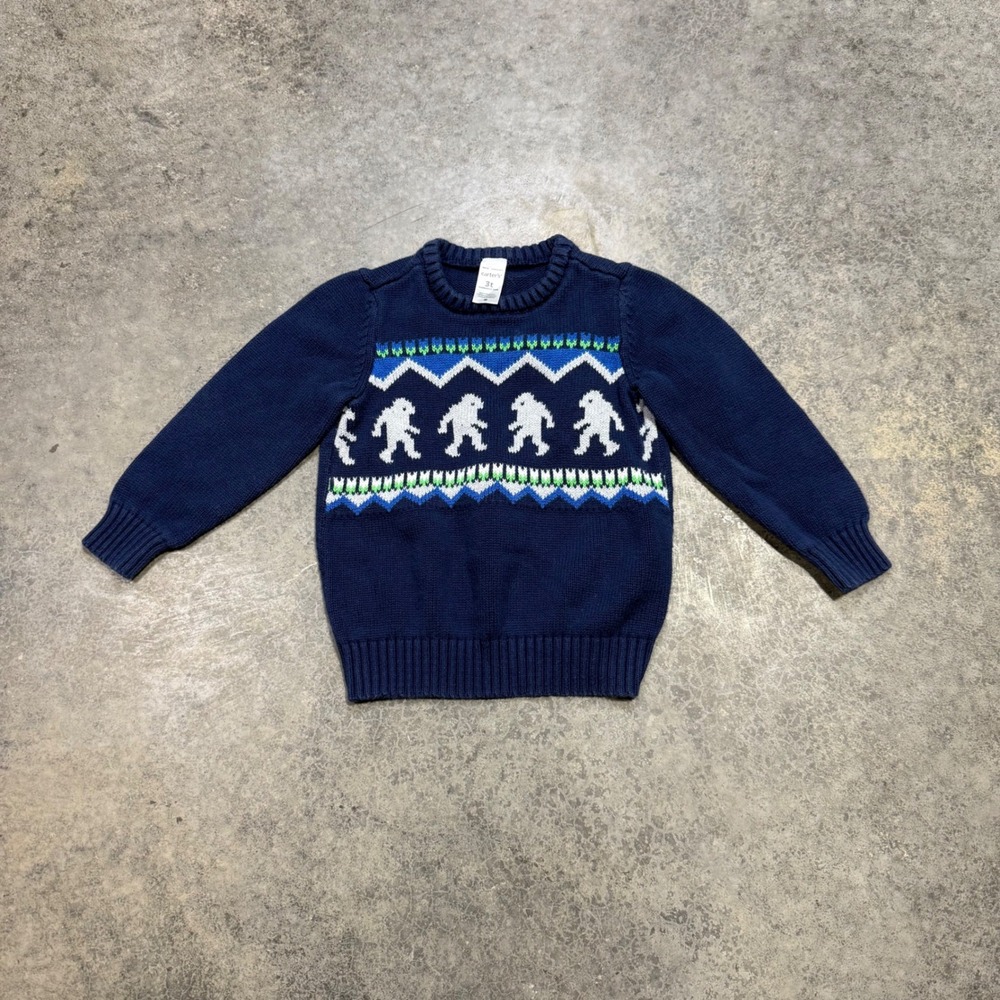 Carter's Sweater Boys 3T Navy Bigfoot Yeti Fair Isle Pullover Knit Long Sleeve